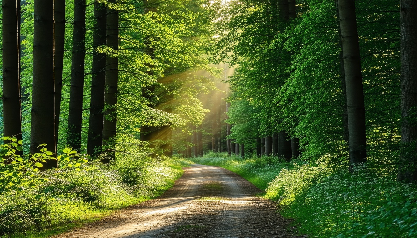 Scenic forest trail lined with tall trees and sunlight filtering through the leaves