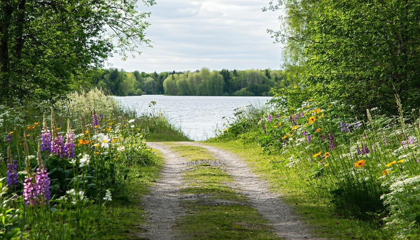 Tranquil lakeside path surrounded by wildflowers and greenery