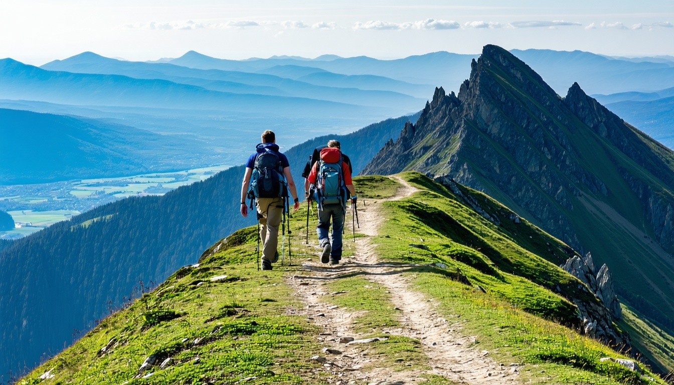 Hikers crossing a mountain ridge with panoramic valley views